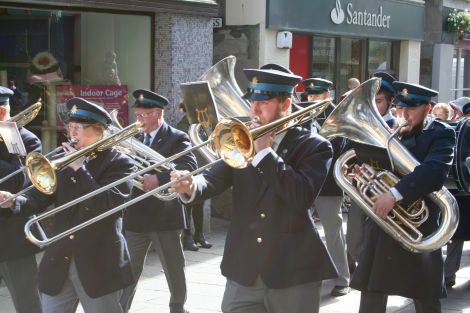 The Lerwick Brass Band on a sun-kissed Saturday in Lerwick. Photo: Chris Cope/ShetNews