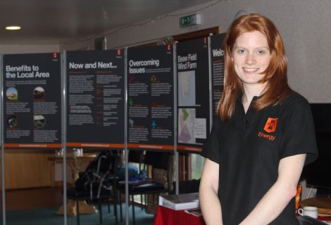 Beaw Field wind farm development manager Bernadette Barry during an earlier visit to Mid Yell hall, in April this year - Photo: ShetNews