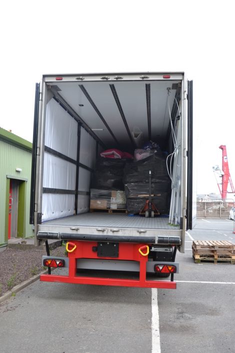 One of two trailers being shipped to Inverness and on to refugee camps around Europe. Photo: Shetnews