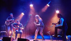 The four guitarists whip up a frenzy in Mareel. (l-r) Brian Gore, Andre Krengel, Mike Dawes and Lulo Reinhardt. Photo: Chris Brown