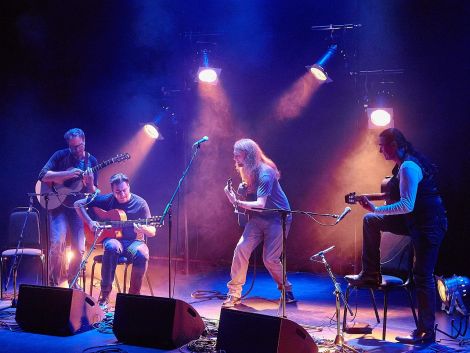 The four guitarists whip up a frenzy in Mareel. (l-r) Brian Gore, Andre Krengel, Mike Dawes and Lulo Reinhardt. Photo: Chris Brown