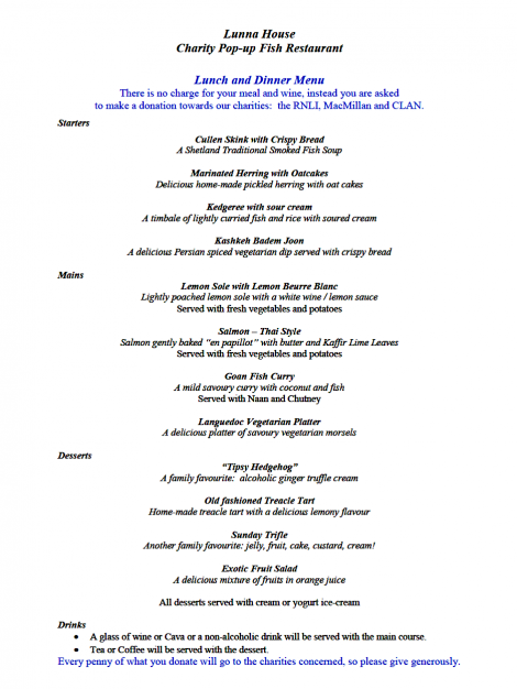 Lunna House 'pop-up' fish restaurant menu