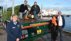 Taking delivery of Lerwick's Xmas tree are: Jane Leask (NorthLink), Neil Robertson (SIC roads engineer), Robbie Leslie (Northwards depot manager), Cynthia Adamson (Living Lerwick chairwoman), Steve Mathieson (Living Lerwick vice chairman) - Photo: Dave Donaldson