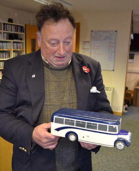 A wooden Bedford bus made by Ian Smith from Troswick. 