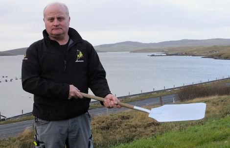 Henry MacColl (with pizza shovel or buccia di pizza) at the site for his proposed new Italian restaurant - Photo: Hans J Marter/ShetNews