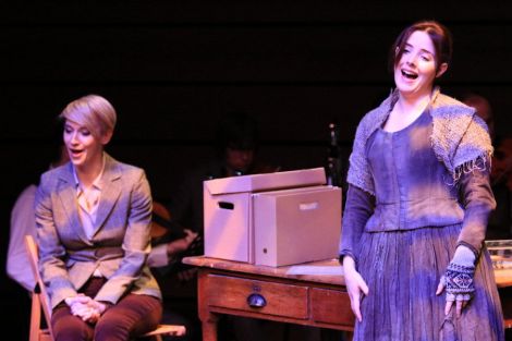 A scene from Thursday night's performance of Hirda: Mezzosoprano Laura Smith (as Vaila) with Marie Breen (as the Ghost) - Photo: Davie Gardner