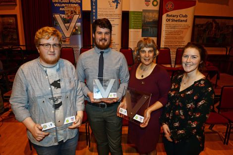 Award winners: Ruaridh Nicolson, of Sandwick Youth Club Dream Team, individual winner Toby Sandison, with Alex Dodge and Kirsty Budge, of Cunningsburgh and District Agricultural Society. Photo Dave Donaldson