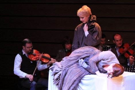 A scene from Hirda (left to right): Chris Stout (Violin), standing - Laura Smith (Vaila); lying down Marie Clair Breen (Ghost) and Martin Wiggins (Viola) - all photos: Davie Gardner