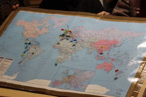 Flags on a map of the world indicating where fruit and vegetables stocked at the Lerwick Co-op come from.