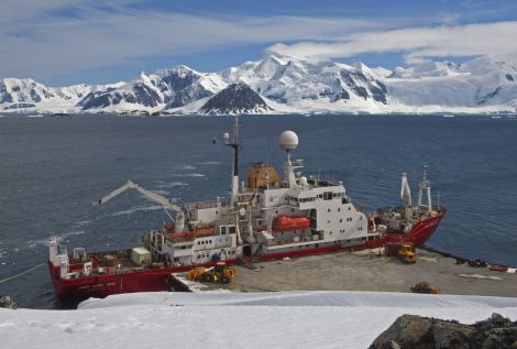 A BAS ship at the Rothera station's pier in Antarctica.