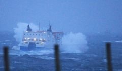 The Hrossey leaving Lerwick in stormy conditions last year.