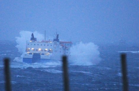 The Hrossey leaving Lerwick in stormy conditions last year.