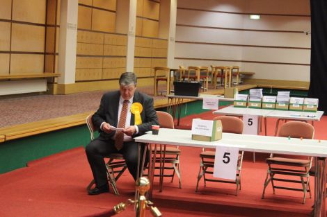 Alistair Carmichael at May's election count, where he retained his seat on a much-reduced majority of 817 votes. Photo: Shetnews