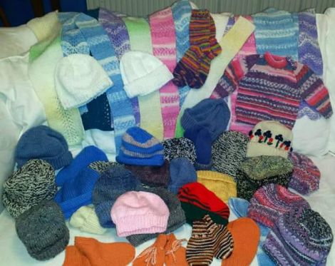 Some of the knitted goods donated in response to an appeal from Shetland Solidarity With Refugees group.