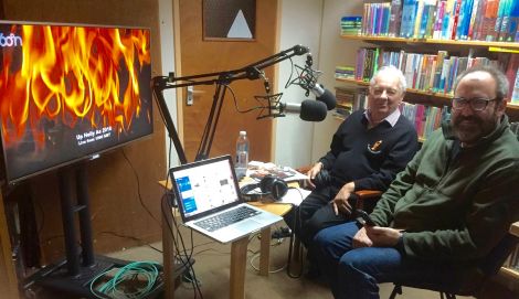 Keeping 14,000 people up to speed on the night's events were former Guizer Jarl Peter Malcolmson (left) and former BBC broadcaster Tom Morton, photographed on the night by chief commentator Davie Gardner.  