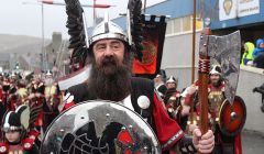 Guizer Jarl Solmund Sigurson of Tonsberg and his squad of 69 Viking about to set off from the Lerwick Legion on Tuesday morning - Photos: Hans J Marter/ShetNews