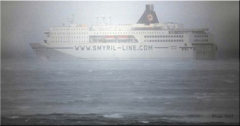 The Faroese ferry Norrona sheltering from the storm off Lunna on Friday. Photo Ivan Reid