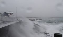 Ulsta Ferry terminal in Yell bearing the brunt of Friday's storm. Photo: Robert Odie