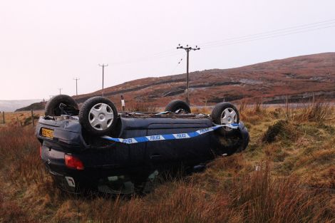 This Toyota Yaris ended up on its roof at Sand Water - Photo: ShetNews