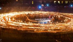 Dave Gifford's classic photo of the culmination of Tuesday's procession in Lerwick as a thousand guizers prepare to cast their burning torches into the galley.