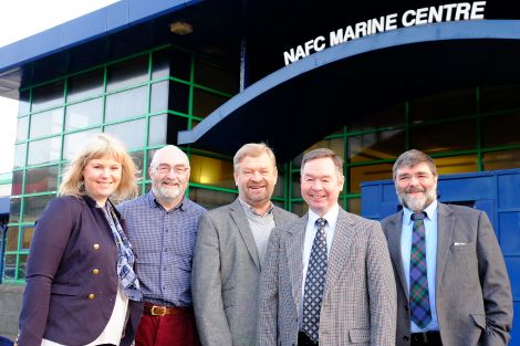 North Sea Commission marine resources group chairman Anders Fasth from Sweden (centre) and adviser Camilla Stavnes from Norway (left) with local councillors Drew Ratter (second from left) and Jonathan Wills (right) and NAFC director Willie Shannon (fourth from left). Photo courtesy of Shetland Islands Council.