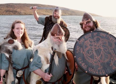 A family affair. Guider Jarl James Titcomb (Thorir Hund) with his father Peter, daughter Eloise and son Darryl on a sunnier day earlier in the week preparing for the big day. Photo Gordon Stove