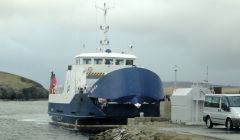 Bluemull Sound ferry Bigga berthing at Gutcher, which had to be dredged last year to avoid damaging stern gear.