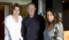 Three deaths, another rape, extortion and money laundering. That’s a lot for any detective to deal with. Anna Chancellor as senior procurator fiscal Phyllis Brennan, Douglas Henshall as DI Jimmy Perez and Julie Graham as Shetland procurator fiscal Rhona Kelly - Photo: Mark Mainz/ITV Studios