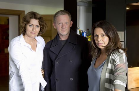 Three deaths, another rape, extortion and money laundering. That’s a lot for any detective to deal with. Anna Chancellor as senior procurator fiscal Phyllis Brennan, Douglas Henshall as DI Jimmy Perez and Julie Graham as Shetland procurator fiscal Rhona Kelly - Photo: Mark Mainz/ITV Studios