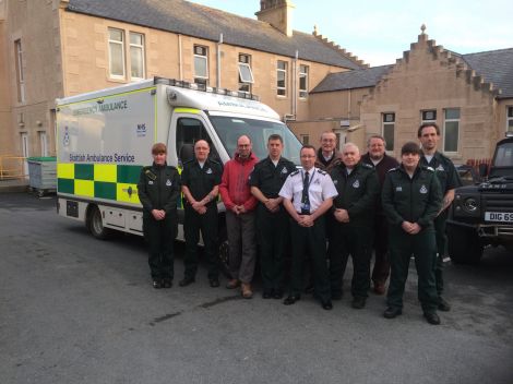 The Lerwick ambulance crew with general manager Milne Weir outside the Lerwick station. From left: Laura Thomson, Angus Galbraith, Martin McDermott, Andy Fuller, Milne Weir, Robert Appleby, Malcolm Macleod, Peter Smith, Elizabeth Reid, Simon Parker