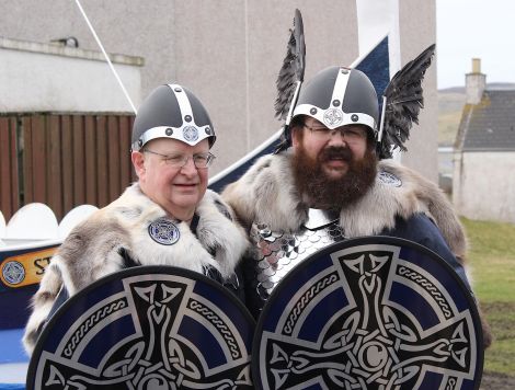 Father and son. The jarl with his dad Edmund, who was jarl himself in 1985. Photo Hans J Marter/Shetnews