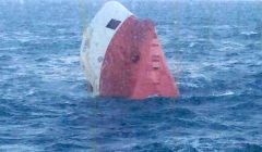 The upturned hull of the Cemfjord, taken by a passenger on the NorthLink ferry that was passing by.