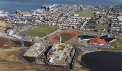 A new Lerwick landmark is growing from the rocks of Staney Hill - the new Anderson High School with the Halls of Residence on the left - Photo: John Coutts