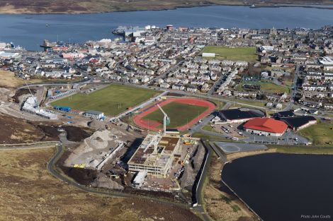 A new Lerwick landmark is growing from the rocks of Staney Hill - the new Anderson High School with the Halls of Residence on the left - Photo: John Coutts