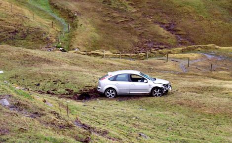 The silver Ford Focus went down the embankment near the Black Gaet junction - Photo: ShetNews