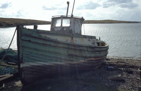 Lying abandoned on the beach at Ulsat after being used to carry sheep across Yell Sound. Photo Shetland Museum and Archives