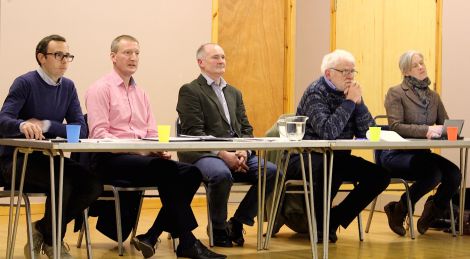 Saturday night's Althing hustings at the tingwall hall (from left to right): Cameron Smith (Conservatives), Tavish Scott (LibDems), Althing chairman Andrew Halcrow, SNP candidate Danus Skene and Robina Barton (Labour) - Photo: ShetNews