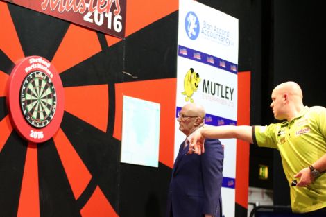 Van Gerwen in action earlier in the evening. Photo: Davie Gardner