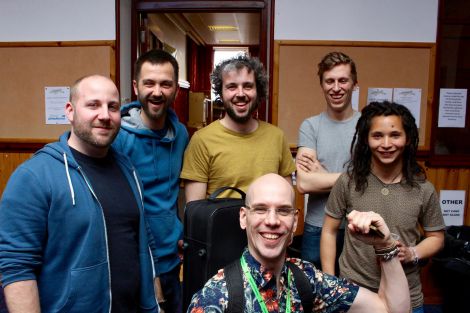 Flemish five piece Wör, pictured with Esko Järvelä, back in the islands with Tsuumi Sound System, following the opening concert of this year's Shetland Folk Festival at Islesburgh on Thursday afternoon. Photo: Shetnews/Chris Cope