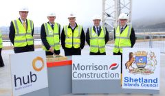 Pictured at today’s “topping out” ceremony at the new AHS are Alastair Nicol of the Scottish Futures Trust, SIC deputy convener Cecil Smith, Morrison Construction’s Donald Mclachlan, Angus Macfarlane of Hub North Scotland and SIC chief executive Mark Boden. Photo courtesy of SIC.