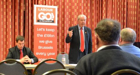 Making the case for an EU exit at Islesburgh on Friday night were former Labour trade minister Nigel Griffiths and former SNP deputy leader Jim Sillars. Photo: Shetnews