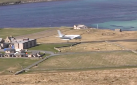 A Loganair plane approaching Sumburgh Airport.