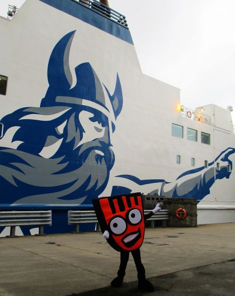 Living Streets mascot Strider boards the NorthLink ferry in Aberdeen bound for Shetland.