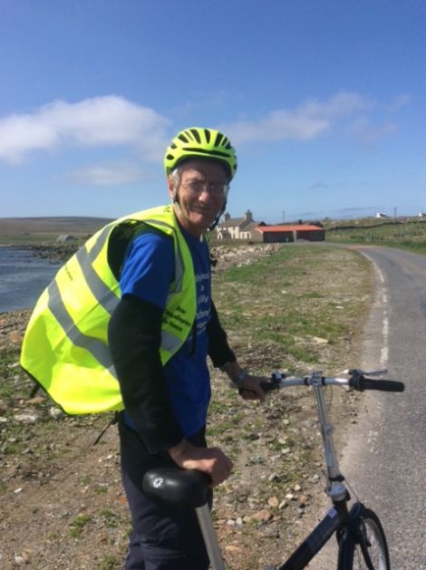 Peace campaigner Andrew Greig setting off on his 1,100 mile journey in northern Unst on Thursday.