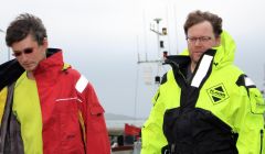 Miracle skipper Matusz Cwiklinske (left) with fellow Polish sailor leaving Scalloway after their rescue on Thursday.