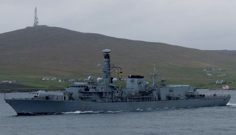 HMS Somerset steams past Bressay on her way into Lerwick harbour. Photo Linda Fox.