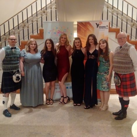 The Shetland winners Regazza at this week's Young Enterprise Scottish finals (from left): Centre lead Chris Grant, Gillian Sinclair, Sophie Kennerley, Dana Watt, Megan Leslie, Sophie Moar, Kirsten Isbister and business adviser Robbie McGregor.