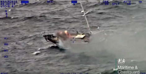 An image taken from the Shetland coastguard video of the yacht as it blazed in the North Atlantic, 50 miles south west of Shetland. Image MCA