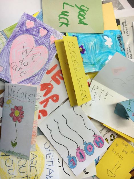 Some of the cards written by primary school pupils in Yell. "Children see things in more simple terms and perhaps we as grown ups should take example from that," says Inger Louise Kristiansen of Shetland Solidarity with Refugees.