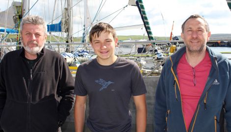 The Northabout crew visiting Shetland ahead of their circumpolar journey include (from left) skipper Nikolay Litau, Benjamin Edwards and his father Steve Edwards.